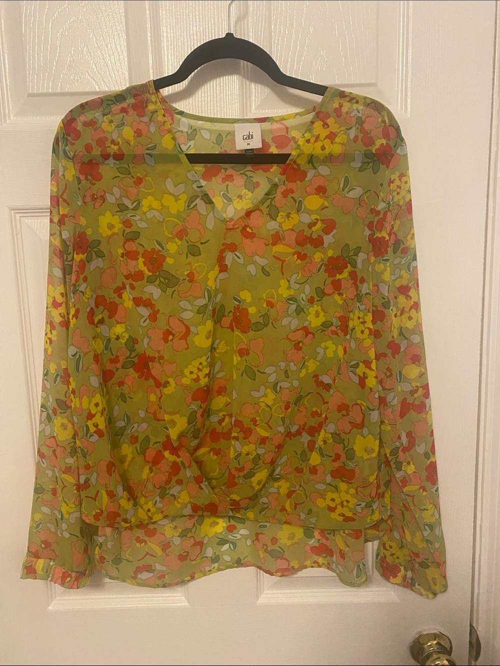 CAbi Olive Floral Sheer V-Neck Blouse with Yellow and Coral Blooms